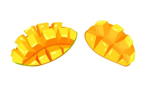 Ripe Mango Juicy Fruit Cut in Cubes Vector Set Stock Illustration