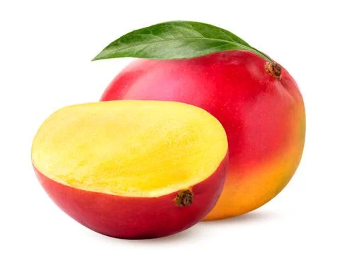 Ripe mango with leaf and half on a white background. Isolated Stock Photos