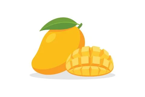 Ripe mango with leaf and sliced mango cubes in bright yellow and orange ton.. Stock Illustration