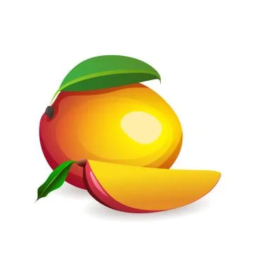 Ripe mango with leaf isolated on white background. Sweet exotic fruit, vector Stock Illustration