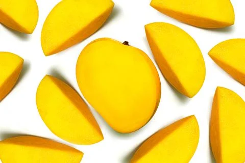 Ripe mango multiple slices isolated on white background Stock Photos
