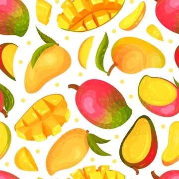 Ripe Mango Seamless Pattern Design with Bright Tropical Fruit Vector Template Stock Illustration