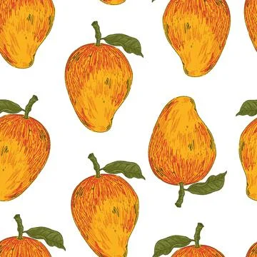Ripe Mango. Seamless Pattern. This vintage illustration is hand-drawn in a sk Stock Illustration