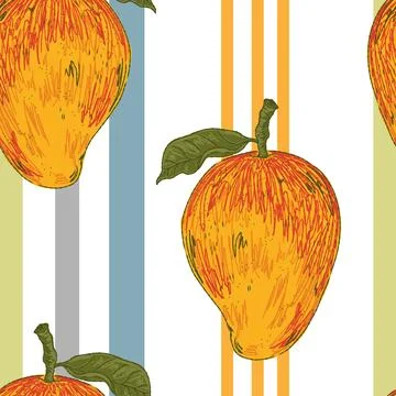 Ripe Mango. Seamless Pattern. This vintage illustration is hand-drawn in a sk Stock Illustration