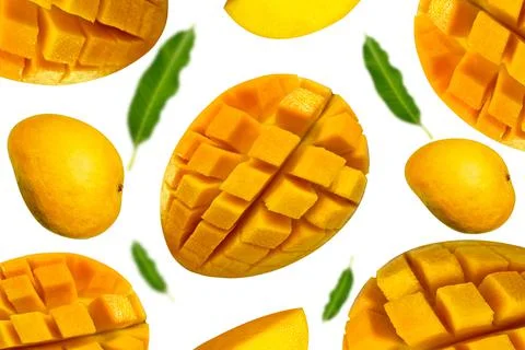 Ripe mango square cut with leaf and slice on white background Stock Photos