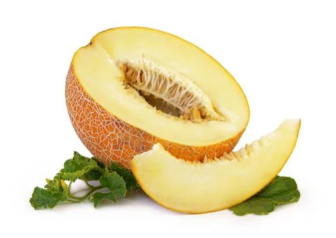 Ripe orange melon with green leaf isolated on white background. cantaloupe .. Stock Photos