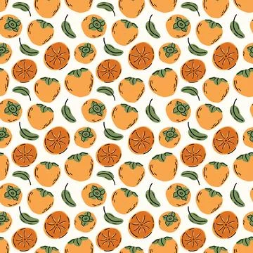 Ripe orange persimmon fruit seamless pattern on light cream background イラスト素材