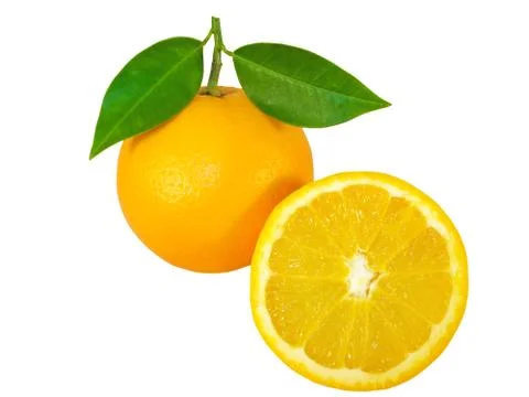Ripe oranges with another orange sliced isolated in white Stock Photos