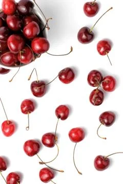 Ripe organic cherries pattern on a white background. Top view, flat lay, whit Stock Photos