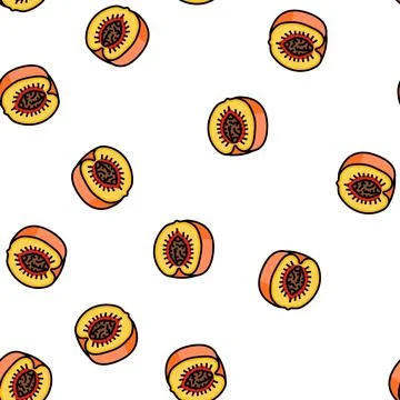 Ripe peach cut pit vector seamless pattern Stock Illustration