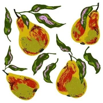 Ripe pears with leaves. Vector grainy set of texture elements, cartoon style, Stock Illustration