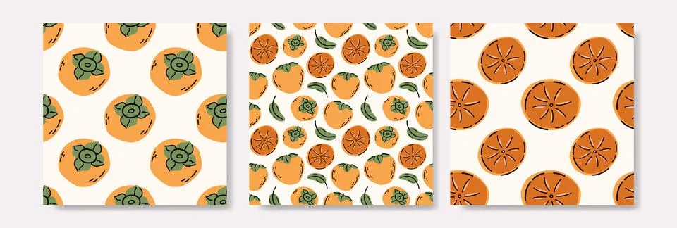 Ripe Persimmon Seamless Pattern Collection with Slices Ilustração Stock