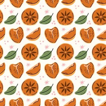 Ripe Persimmon Seamless Pattern with Whole and Sliced Fruits Stock Illustration