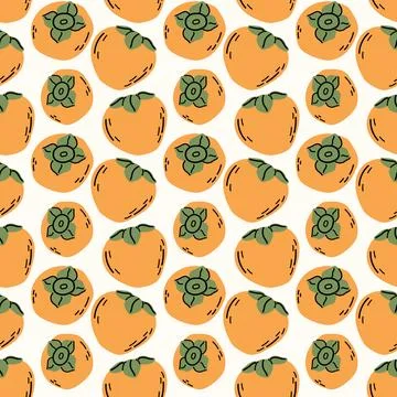 Ripe Persimmon Seamless Pattern with Whole Fruits and Green Leaves Stock Illustration