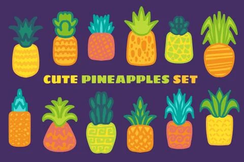 Ripe pineapple hand drawn vector illustrations set 스톡 일러스트