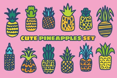 Ripe pineapple hand drawn vector illustrations set 스톡 일러스트