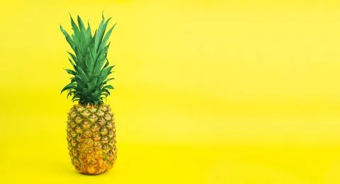 Ripe pineapple on a yellow background. Copy space. Stock Photos