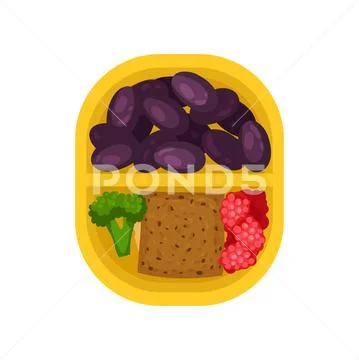 Ripe plums and raspberries, green broccoli and rye bread in orange lunch box Stock Illustration
