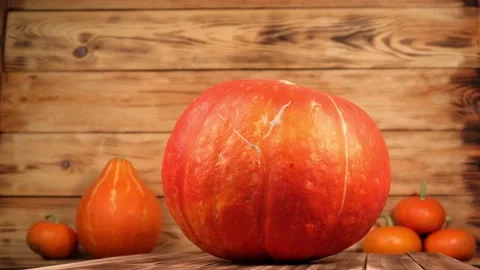 Ripe pumpkin rotates against background of wooden boards with pumpkins, squash. Stock Footage 242174591