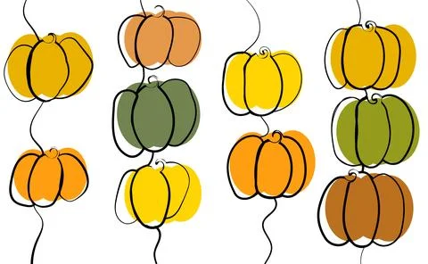 Ripe pumpkins of different colors in line art style, banner with copy space on Stock Illustration