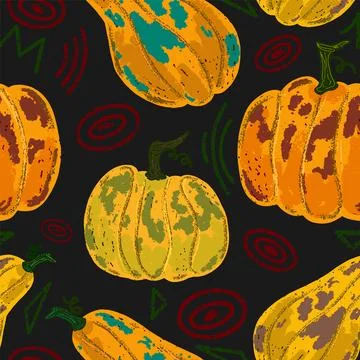 Ripe pumpkins with fun elements. Texture, pencil, pastel, gouache. Vector ove Stock Illustration