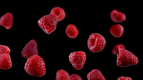 Ripe raspberry fly on a black background Video stock 105573491