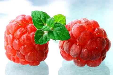 Ripe raspberry with green leaf Stock Photos