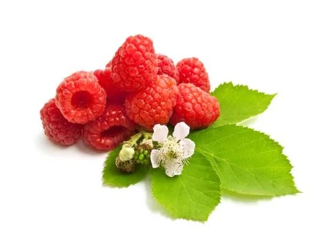 Ripe raspberry with green leaves  isolated on white background Stock Photos