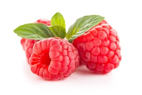 Ripe raspberry with leaf Ripe raspberry with leaf isolated on white backgr... Stock Photos