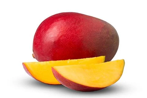 Ripe raw mango cut into slices on white background isolate Stock Photos