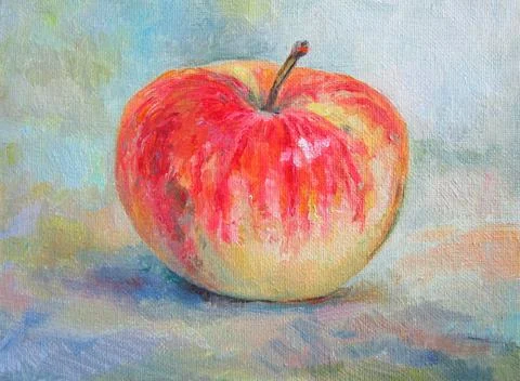 A ripe red Apple on a blue background, oil painting Stock Illustration