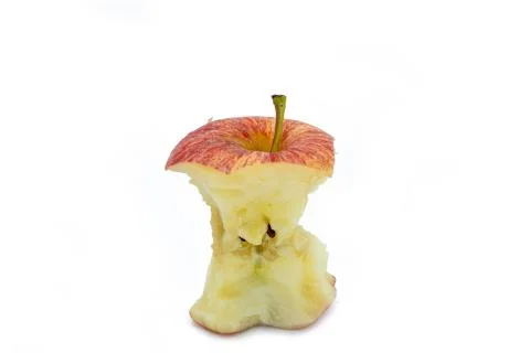Ripe red apple core after Bitten on white background Stock Photos