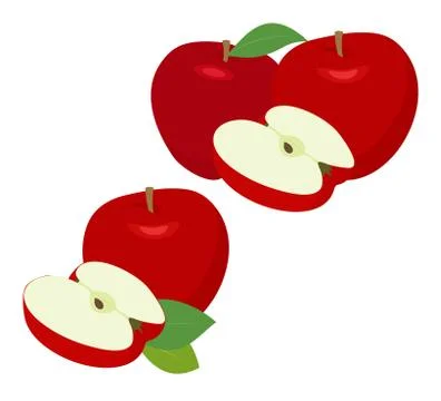 Ripe red apple fruit with apple half and apple leaf isolated on white background Stock Illustration