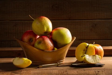 Ripe red bio apples on table Stock Photos