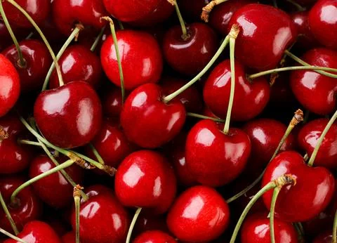 Ripe red cherry background. Top view Stock Photos
