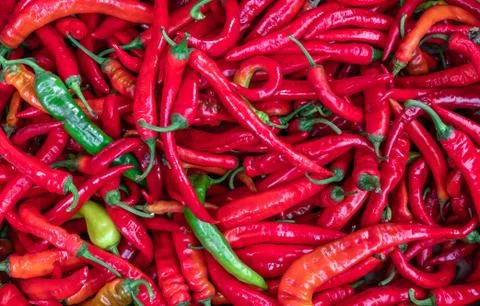 Ripe red chilli pepper for background texture, close-up, top view, copy space Stock-Fotos