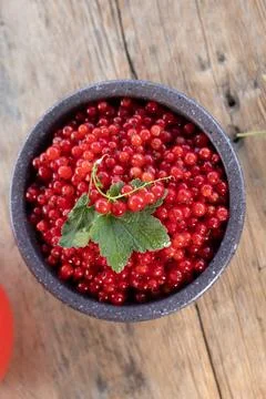 Ripe red currants in rustic ceramic bowl on weathered wooden table with green Stock Photos