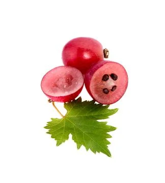 Ripe red grape with leaf isolated on white. Stock Photos