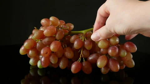 Ripe red grape. Pink bunch with leaves  on black background. Stock Footage 160812547