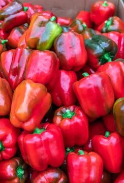 Ripe red pepper for background texture, close-up, top view, copy space for te Stock Photos