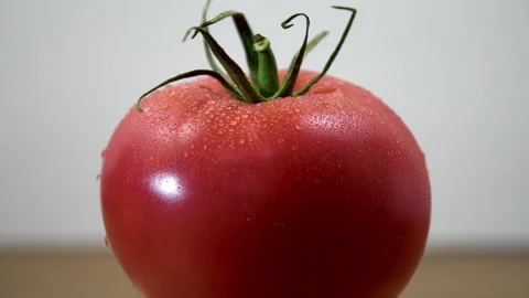 A ripe red tomato with droplets slowly rotates against a light background Vídeo Stock 344861147