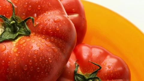 Ripe red tomato in macro close up, fresh organic vegetable, healthy ingredient, Stock Footage 336189905