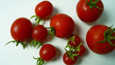 Ripe Red Tomatoes with Green Stems, A collection of ripe red tomatoes with .. 動画素材 304978754