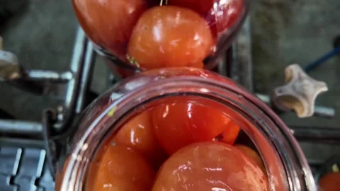 Ripe red tomatoes inside an open glass jar on a factory conveyor Stock-Footage 348251071