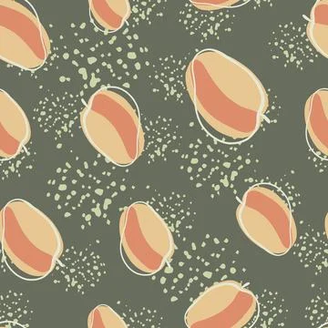 Ripe seamless pattern with random pink abstract peach ornament. Grey backgrou Illustrazione stock