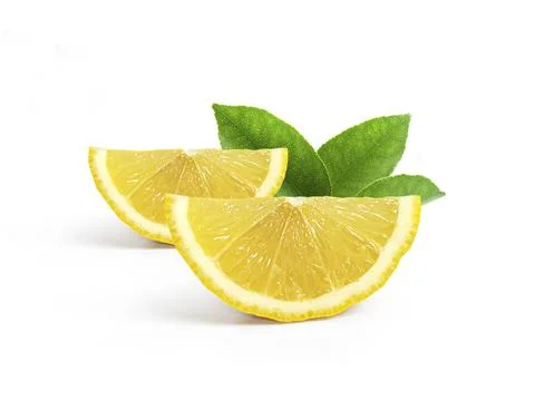 Ripe slice of yellow lemon citrus fruit isolated on white background with cli Foto stock