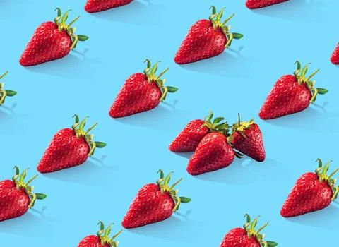 Ripe strawberries pattern. Food pattern. Blue background. 스톡 사진
