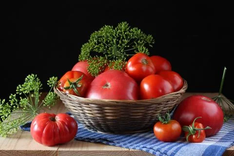 Ripe tomatoes in a basket on the table. Stock Photos