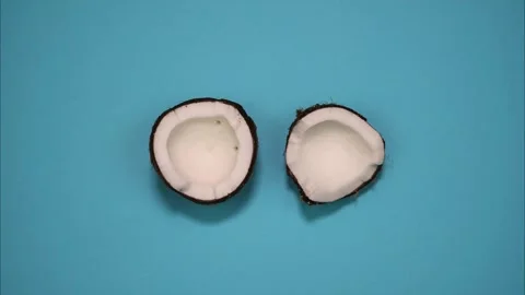 Ripe tropical coconut split in two halves rotate on a blue background. StopMo Видео 317578541