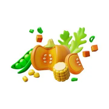 Ripe vegetables with greenery 3D vector composition, pumpkin, corn, arugula and Stock Illustration